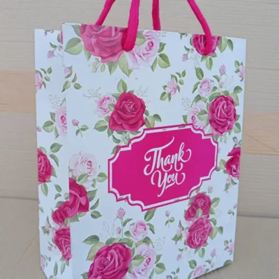 Pink Floral “Thank You” Paper Return Gift Bag – Elegant Return Gift Bag with Rope Handle | Pack of 25 bags @Rs.13/bag +GST(5%)