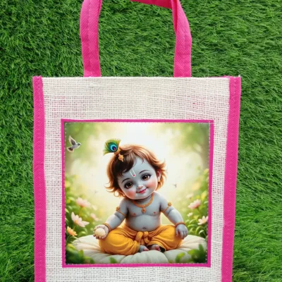Beautiful baby Krishna printed jute bag (Pink) | Pack of 25 bags @Rs. 29/bag +GST(5%)