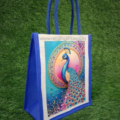 Royal Peacock Theme Printed Jute Bags - Blue | Pack of 25 bags | Rs.36 per bag +GST (5%)