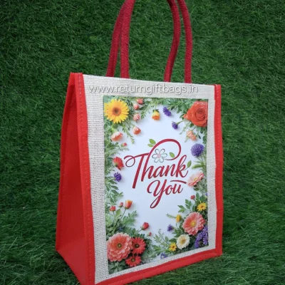 Floral Thank You Jute Bag for all occasions - Red | Pack of 25 bags | Rs.36 per bag +GST (5%)