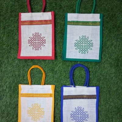 Kolam printed jute bags
