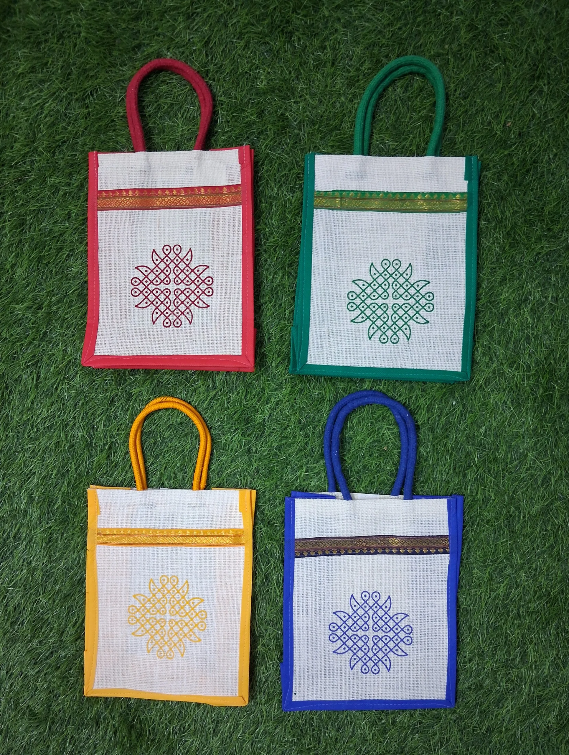 Kolam Printed Jute Bag.jpg Kolam printed jute bags